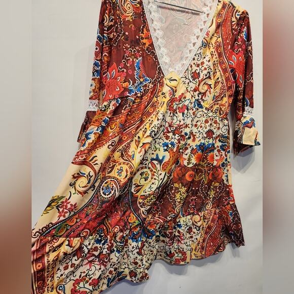 New Fall Colorful Dress Flowy Boho V-Neck Beach Dress Size L - Picture 4 of 9